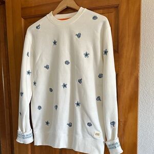 White Crewneck Sweatshirt with Blue Embroidery
